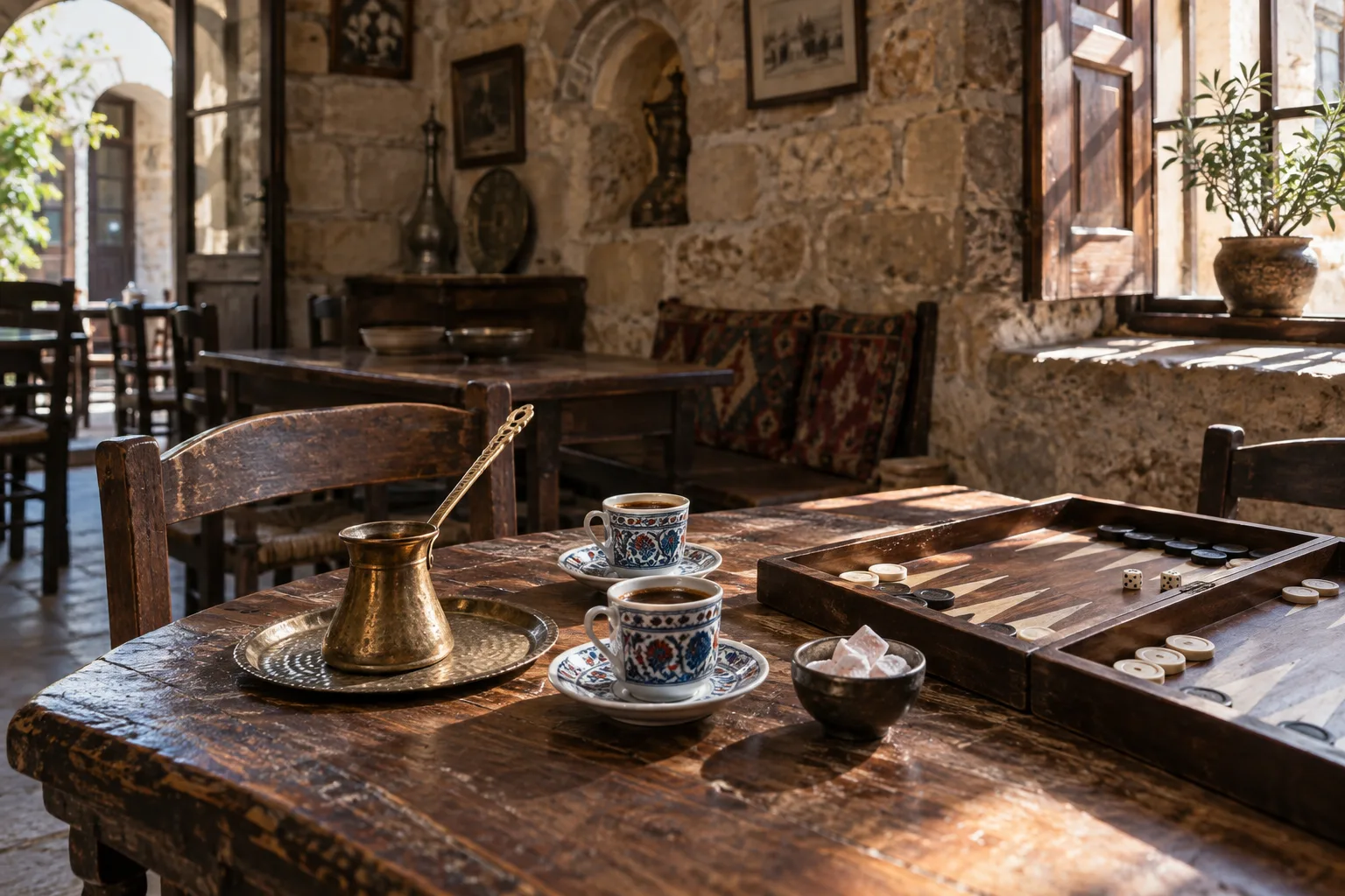 Coffee cups and a backgammon board in an old Nicosia coffeehouse.