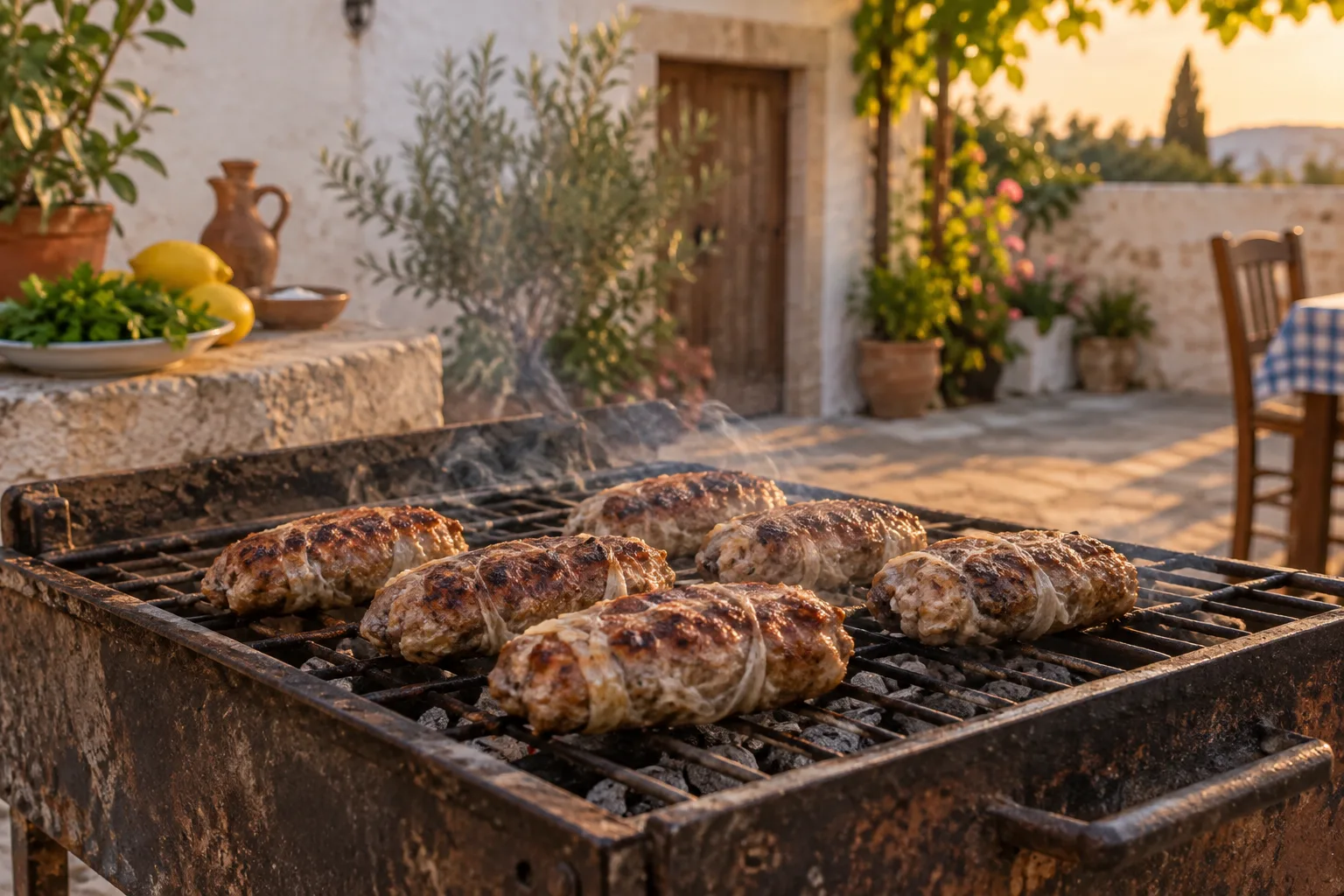 Şeftali kebabı cooking over charcoal on a Cyprus courtyard grill.
