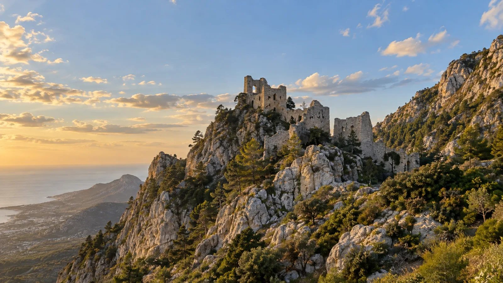Girne dağlarında, kayalık bir sırt üzerinde gün batımında görünen St Hilarion Kalesi.