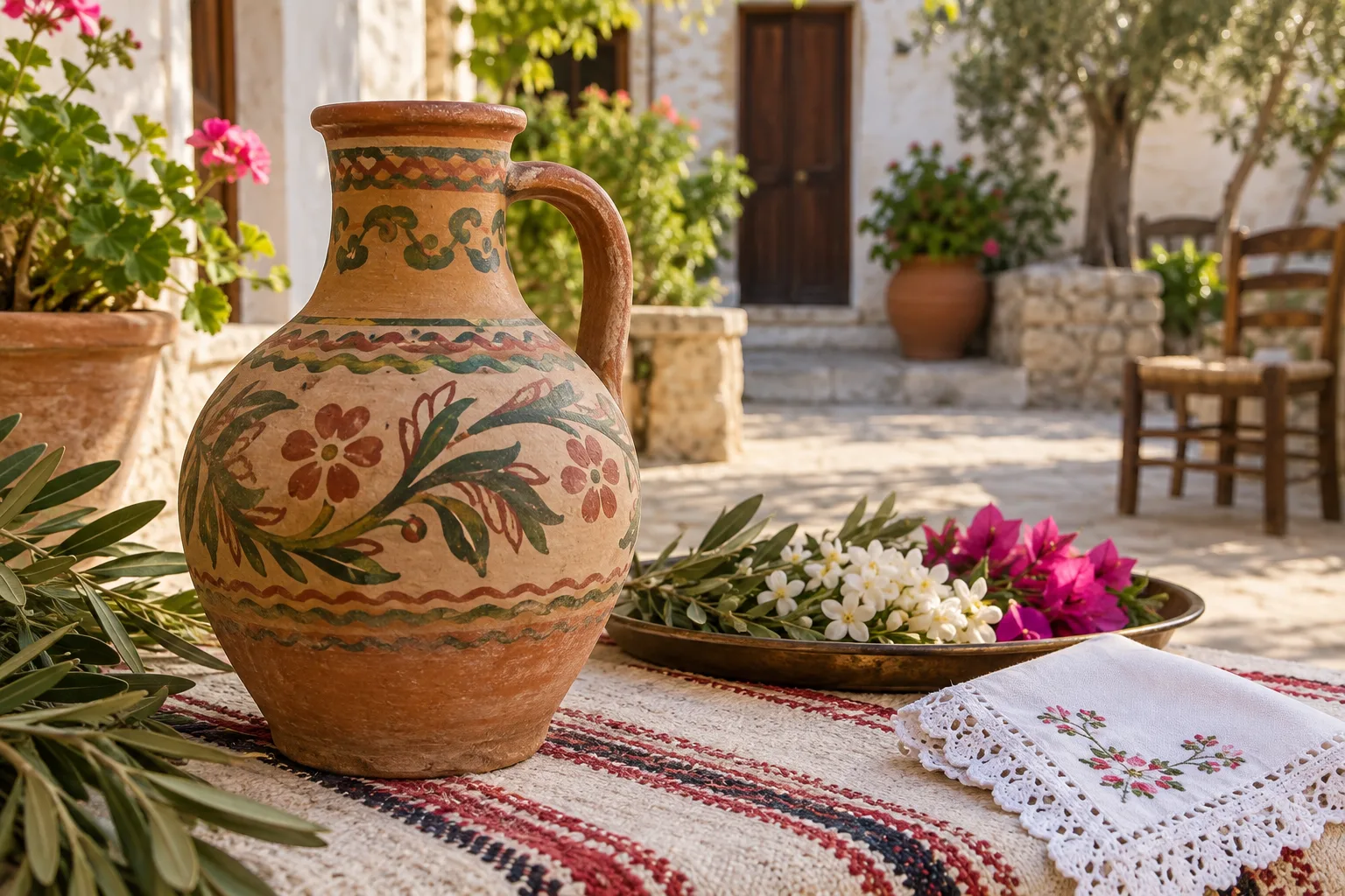 A painted clay jug used in the Testi Oynatma wedding ritual.